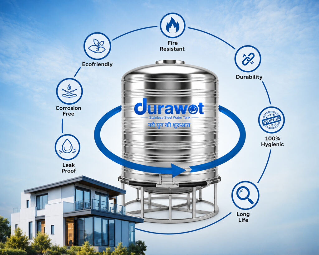 Durawot stainless steel water tank showcasing hygienic, corrosion-free, leak-proof, fire-resistant, eco-friendly, and durable water storage for Indian homes.